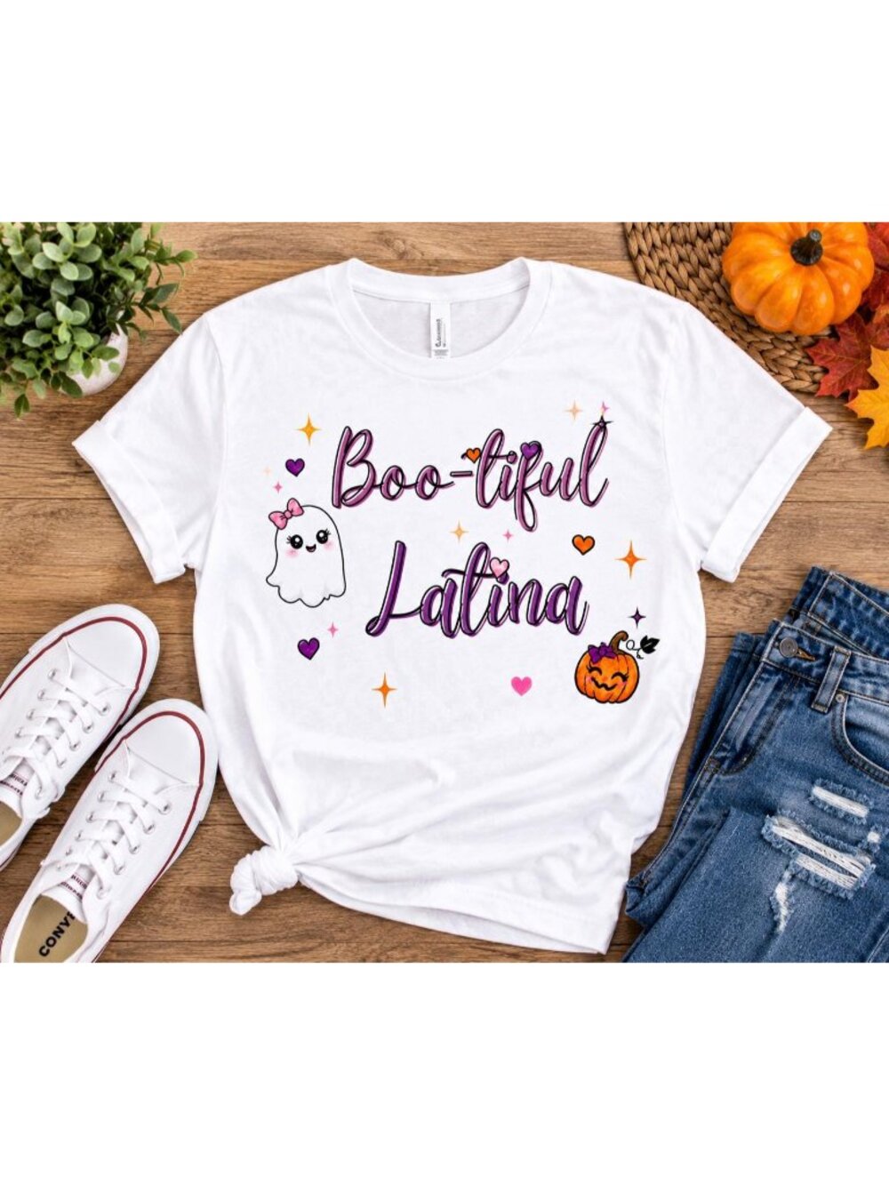 Boo-tiful Latina Halloween Tee: Spanglish Ghost & Pumpkin Design